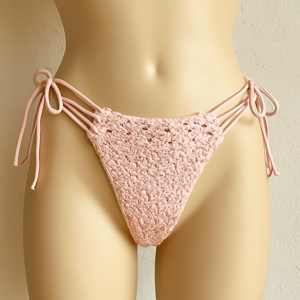 Frankies Bikinis Crochet Bikini Bottoms Womens XS Pink Beach‎ Swim Strappy